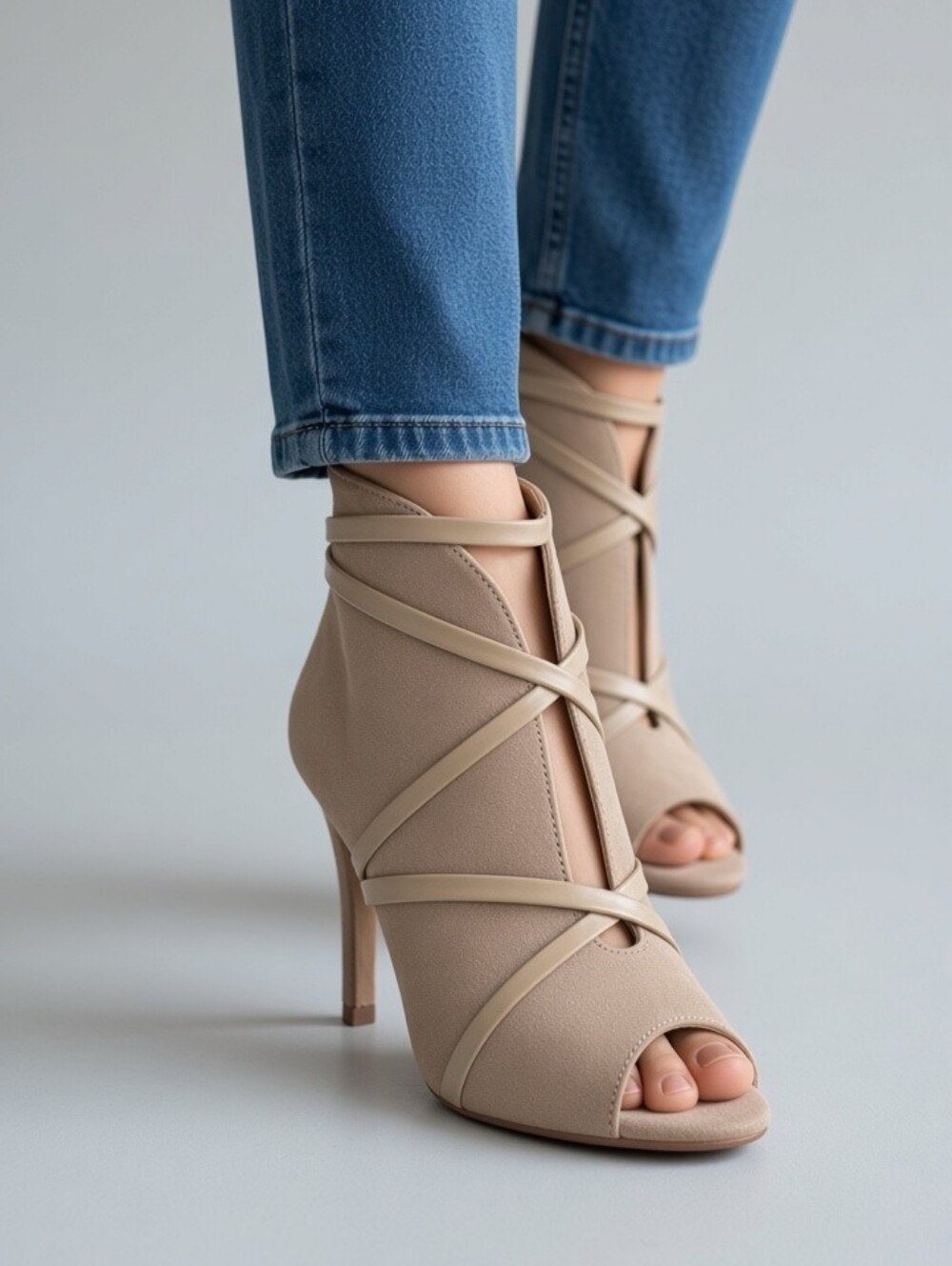 Journee Collection Taupe Strappy Peep-Toe Ankle Booties 7.5